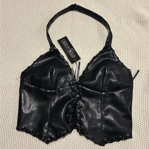 Current Mood Black Leather Lace-Up Halter